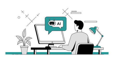 Person interacting with AI chatbot on computer for assistance and work process