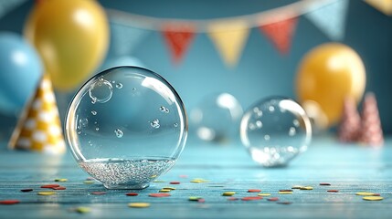 Wall Mural -   Glass ball on table, confetti underfoot, balloons in backdrop