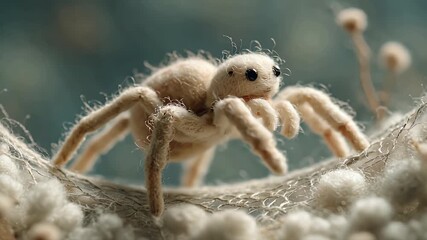 Soft textured wool spider on yarn web surface captured in macro close up