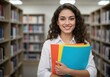 © Alper AI - Smiling woman holding colorful folders in a library