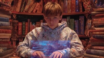 Futuristic student working with advanced holographic technology in old library setting