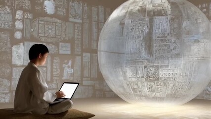 Ancient technology concept with person using laptop near digital globe and walls