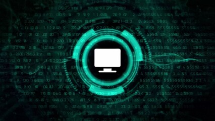 Computer Monitor Icon in a Futuristic Digital Interface with Binary Code screen technology