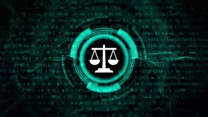 Digital scales of justice icon with data streams and binary code background legal court