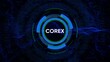 ©  Fluxora - Futuristic Digital Core with COREX Text and Blue Green Neon Glow abstract background