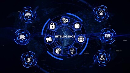 Intelligence concept with interconnected icons and data flow on dark background technology knowledge