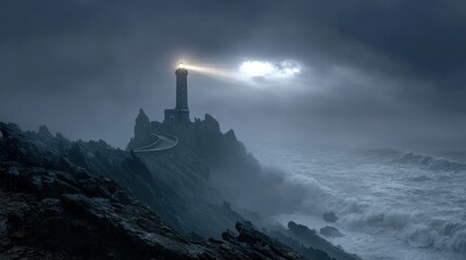 Wall Mural - A striking photo of a lonely lighthouse on steep rocks, piercing the thick fog with a beam of light, with dramatic waves crashing below, a dark romantic atmosphere
