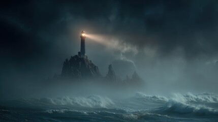 Wall Mural - A striking photo of a lonely lighthouse on steep rocks, piercing the thick fog with a beam of light, with dramatic waves crashing below, a dark romantic atmosphere

