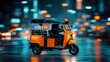 © niramol - Bright Yellow Tuk-Tuk Taxi Driving Through City at Night with Motion Blur