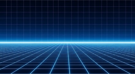 Abstract blue neon grid perspective with digital skyline cyberpunk background