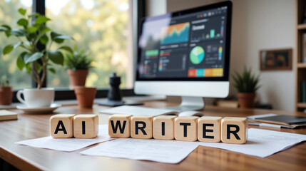 Copywriting agency service presentation with AI writer blocks placed on desk in modern office illustrating commercial text production for advertising campaigns and digital brand communication
