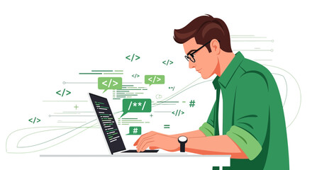 A Vector Illustration of a Programmer Coding on a Laptop Computer