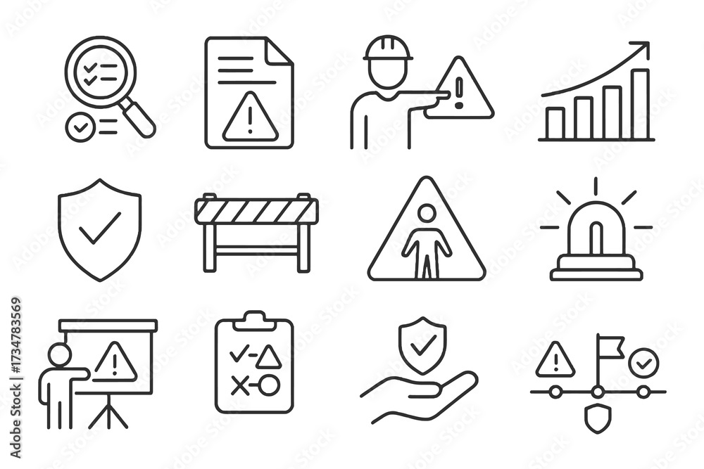 Restricted Line Set of 12 thin line editable icons for risk management, including ...