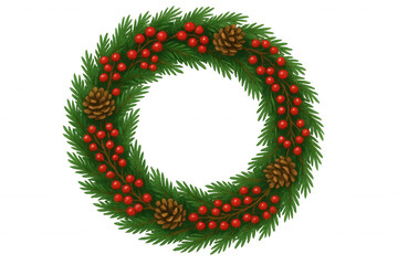 Wall Mural - Christmas wreath creating a festive holiday decoration with pine branches, brown pine cones, and red berries, transparent