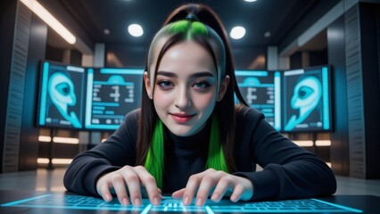 Young woman with green hair in high-tech control room monitors alien scans.