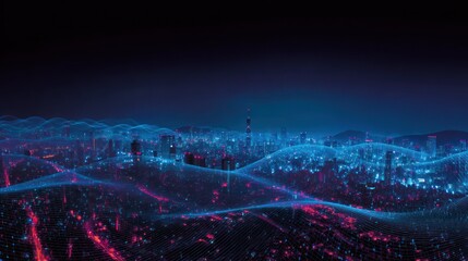 Abstract digital city landscape with glowing lines and data visualization