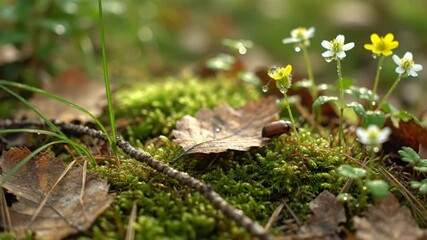Poster - Intimate Close Up of Detailed Forest Floor with Shallow Depth of Field push in, floor, shallow depth of field