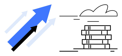 blue and black arrows pointing upward symbolize progress and growth, next to a cloud and stacked blo