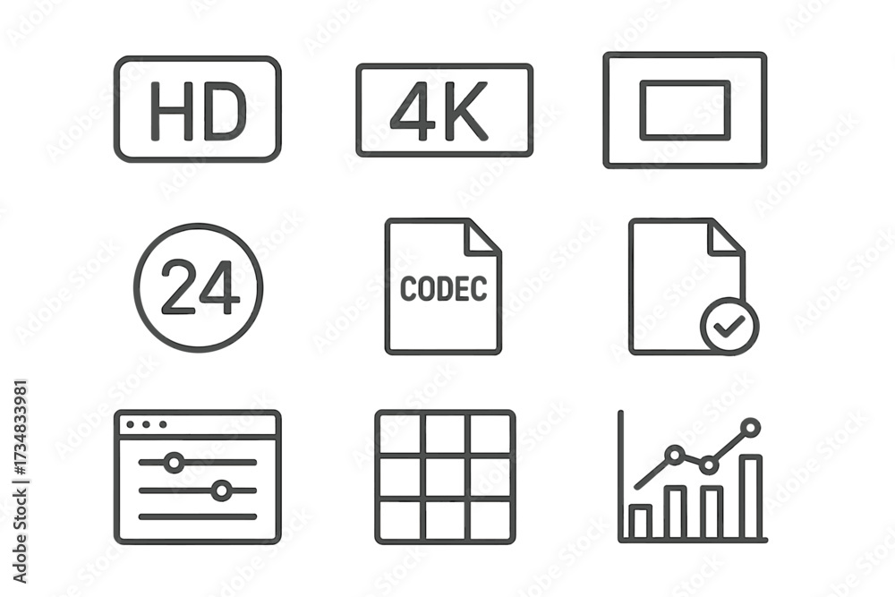 Filmmaking Format Icons. Line style icons of digital filmmaking formats ...