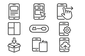 Mobile Development Icons. Line style icons of mobile low-code development: phone preview, mobile layout editor, swipe input,