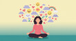 © Arfan - A peaceful woman meditates in lotus pose, visualizing emotional balance and mental clarity with uplifting thoughts, happy emojis, and cheerful elements surrounding her mind.