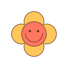 Wall Mural - Groovy retro flower smiley in flat style forms a cute and happy icon. Positive yellow groovy element with y2k vibe creates a cheerful, artistic accent for playful, vintage, and trendy creative
