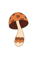 Wall Mural - Groovy cartoon retro mushroom with heart pattern sticker. Magic shroom sticker and playful brown shape as funky psychedelic art. retro and groovy element for vintage decor accent, pop style for boho