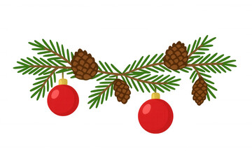 Wall Mural - Christmas pine branch with red baubles and natural pine cones, festive winter holiday decoration, transparent background