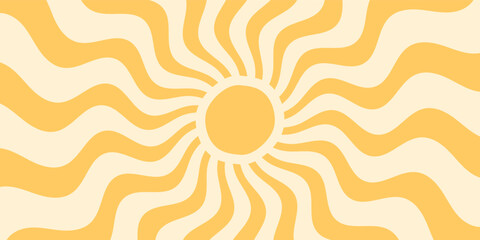 Wall Mural - Groovy retro sun burst with wavy yellow and orange burst forms the vibrant sunshine on this background. sun and y2k style merge as trendy horizontal wallpaper in a classic colorful concept.