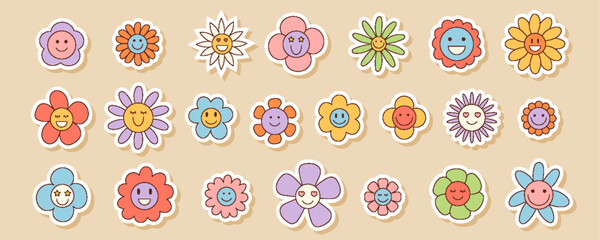 Wall Mural - Groovy retro sticker set with colorful daisy and cartoon sunflower flower shapes. Smiley floral and chamomile groovy element, playful y2k style for fun decorative ideas.