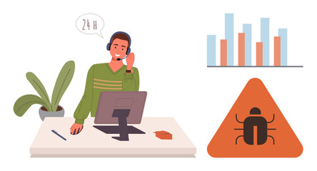 Call center agent with headset assisting on software issue, bug warning sign, data chart analysis. Ideal for tech support, customer service, troubleshooting, IT solutions, analytics, teamwork simple
