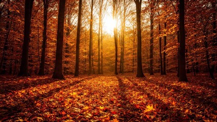 Wall Mural - Dynamic timelapse of sunlight and shadows dancing across an enchanting autumn forest floor as the day progresses, highlighting the rich fall colors forest floor, enchanting autumn, rich fall colors