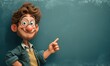 © marfuah - Cartoon character pointing at a blank chalkboard, educational concept.