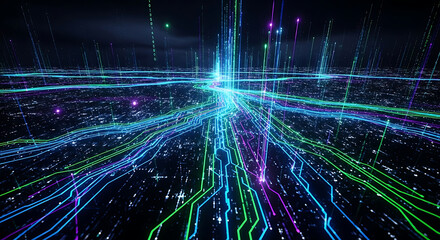 Wall Mural - Abstract Digital Landscape of Glowing Data Streams and Binary Code technology futuristic