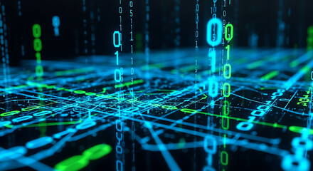 Wall Mural - Abstract Digital Network with Falling Binary Code technology data