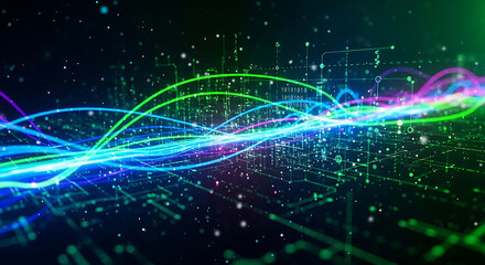 Wall Mural - Abstract Digital Waves of Light and Data Flowing Through Circuits image photo