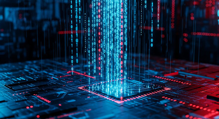 Wall Mural - Data Processing on a Microchip with Falling Blue and Red Binary Code circuit board