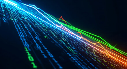 Wall Mural - Digital Data Flow with Binary Code and Colorful Stock Market Graphs image photo