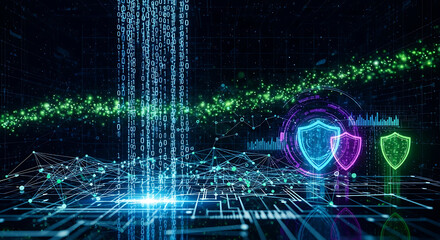 Wall Mural - Digital Shields and Data Streams with Network Connections cybersecurity digital security