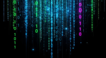 Wall Mural - Falling Binary Code Matrix with Neon Green and Blue Digital Rain Effect image photo