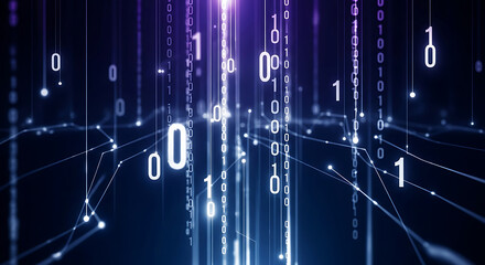 Wall Mural - Falling Binary Digits with Glowing Network of Lines and Dots code data