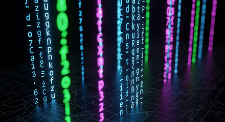 Wall Mural - Falling Columns of Neon Colored Binary Code and Characters technology data