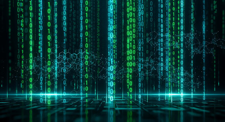Wall Mural - Falling Green Binary Code and Digital Network Connections image photo