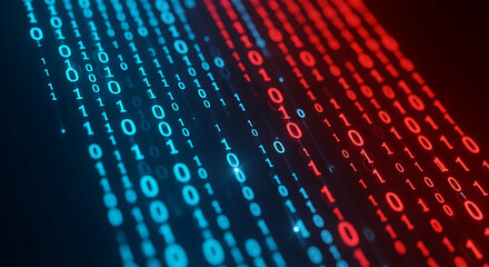 Wall Mural - Flowing Binary Code in Contrasting Blue and Red Light Streams data stream technology