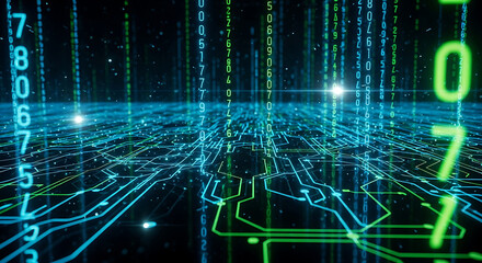 Wall Mural - Futuristic Digital Landscape with Glowing Circuitry and Falling Numbers technology