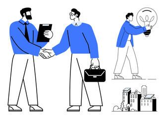 Wall Mural - Professionals shaking hands, carrying briefcases, and sharing ideas with a light bulb alongside urban buildings. Ideal for teamwork, partnerships, innovation, entrepreneurship, urban planning