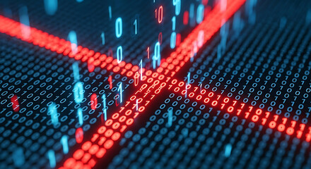 Wall Mural - Red and Blue Binary Code with Digital Grid Overlay data technology