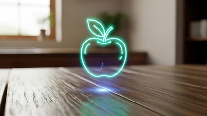 A luminous green neon apple icon hovers over a wooden table, symbolizing modern health, diet, and futuristic technology