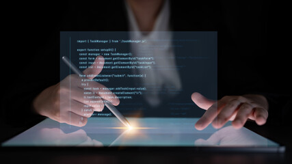 Script programming for task manager user interface, handling form submission, input validation, task list rendering, and exception alerts with dynamic DOM interaction Latch