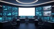 © Margarita Ratatosk - Empty modern security control room with multiple screens displaying data and surveillance feeds. Central command center for monitoring and data control.